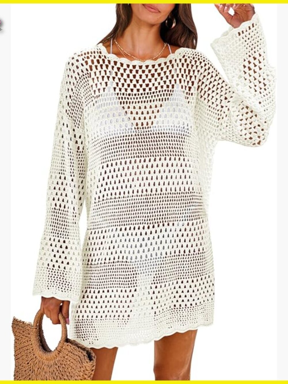 Crochet Mesh Beach Cover Up Dress Long Sleeve Sheer Knit Swimwear Boho Chic